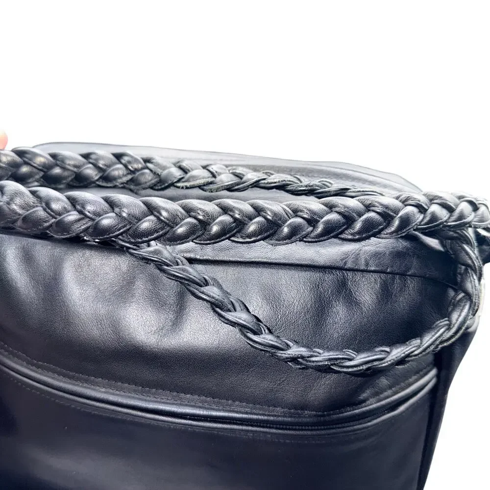 Handmade Black Leather Crossbody Shoulder Bag Braided Strap Zip Top